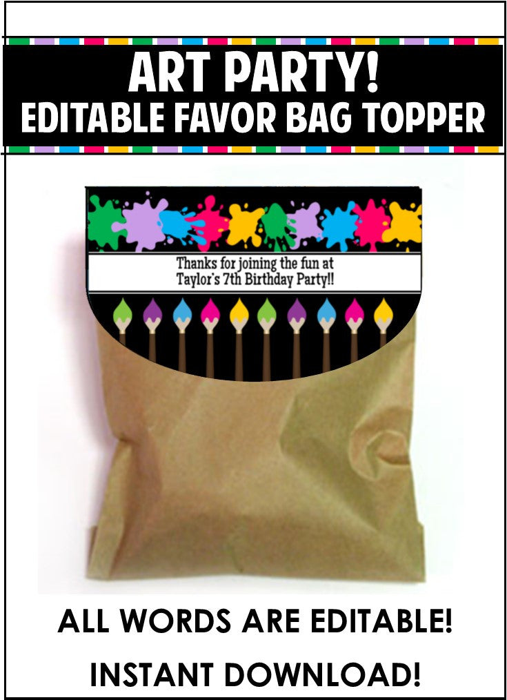 Art Party Time Bag Toppers - EDITABLE
