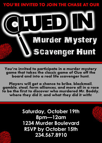 Clued-In Murder Mystery Hunt + Party Invitation - EDITABLE