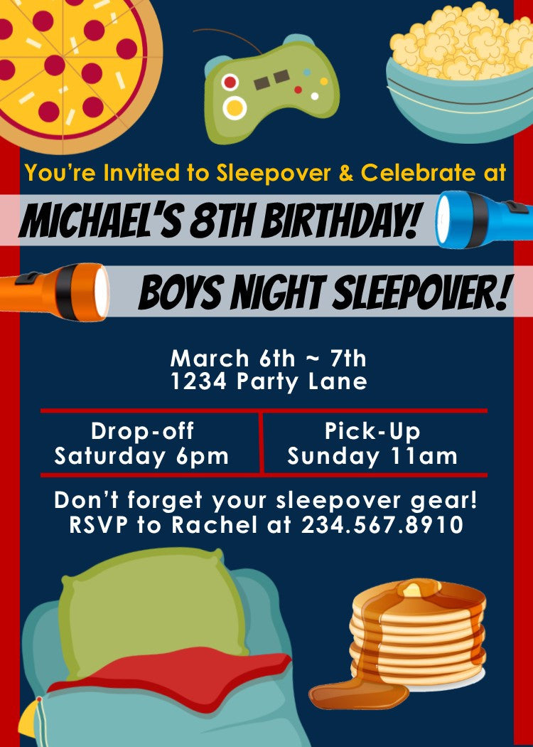 Boys Night Sleepover Party Invitation 2 - Editable