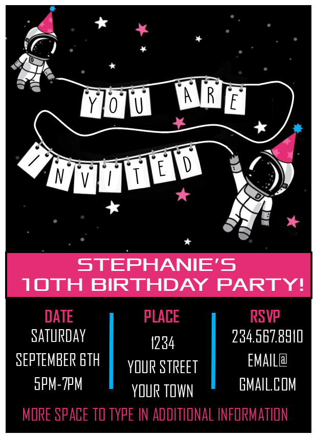 Pink Astronaut Outer Space Party Invitation - EDITABLE